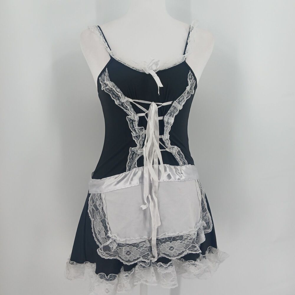 Shein Black French Maid Cosplay Costume Dress Set White Lace Trim Bow size small